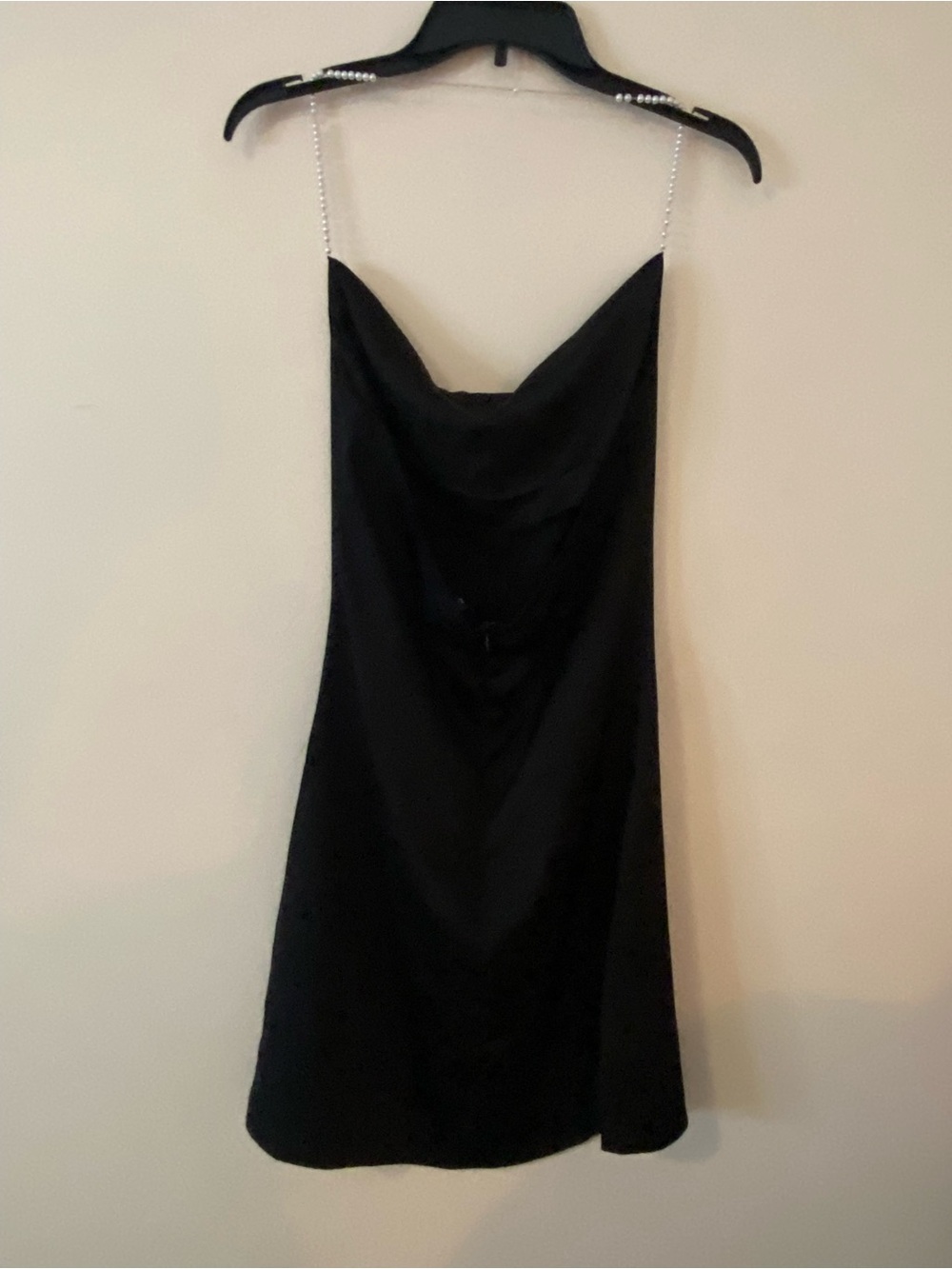 Black Satin cocktail mini Dress with Chain Pearl Straps - Picture 5 of 14